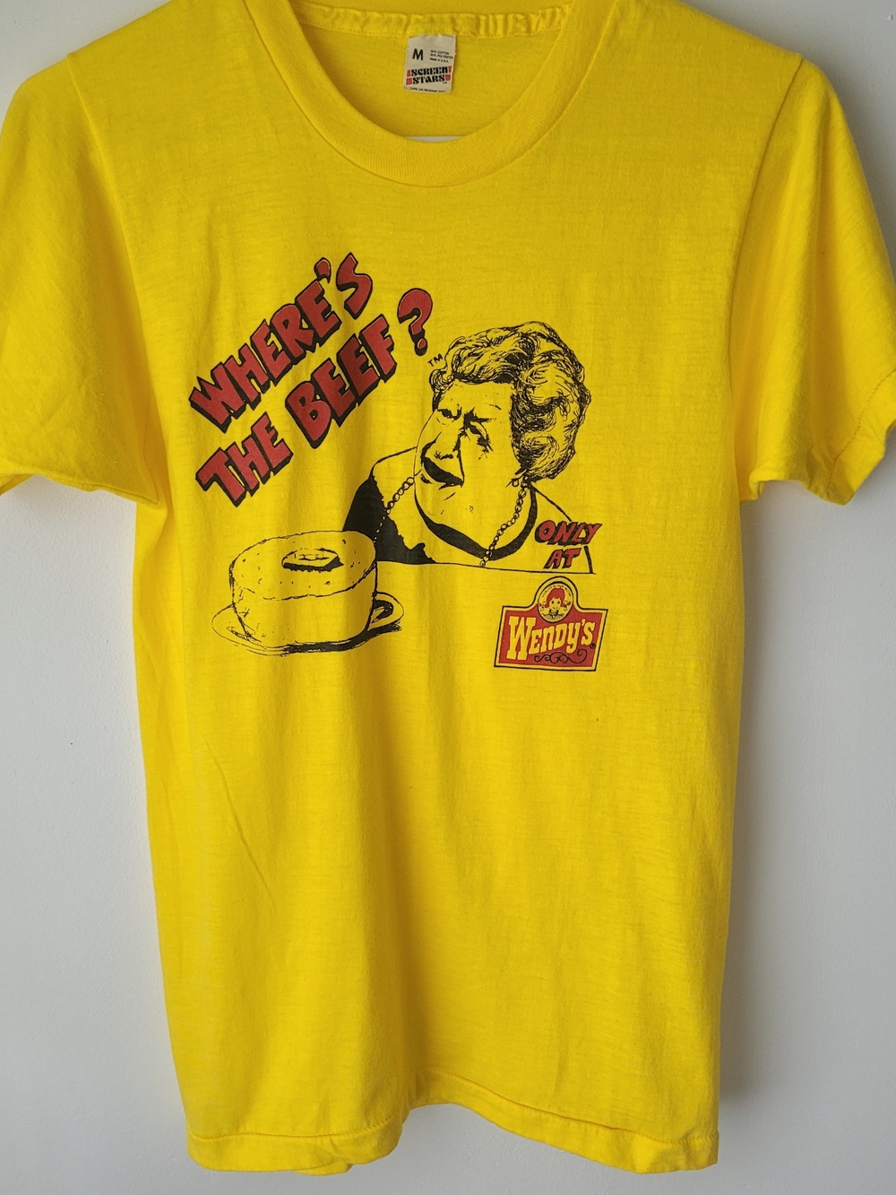 Vintage 1980s Screen Stars Yellow 'Where's The Beef?' Graphic Tee Size M